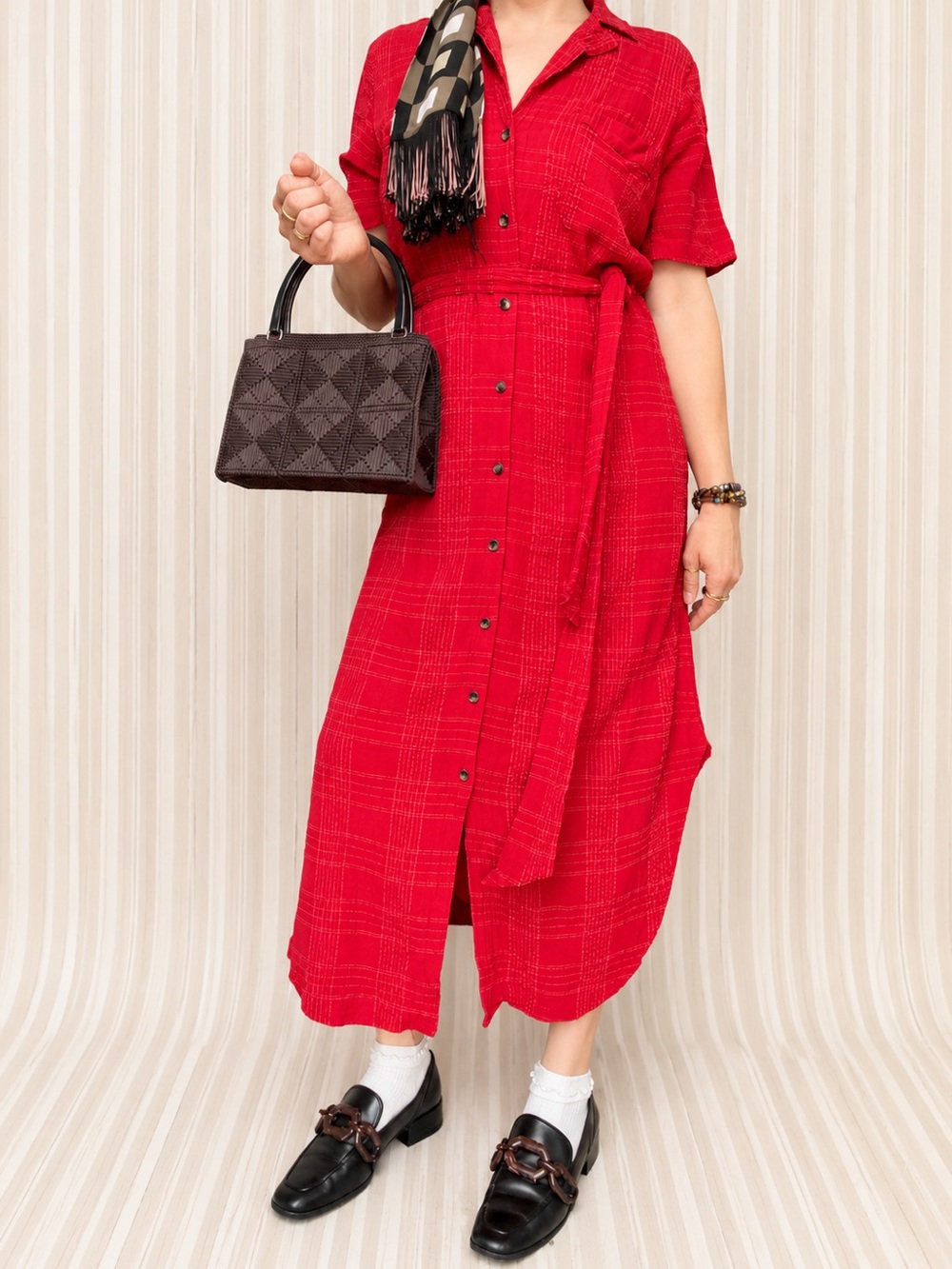 Maeve "Aria" Textured Midi Shirt Dress from Anthropologie in Red